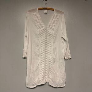 BLAIR White Crochet tunic 100% cott V-Neck women’s medium 3/4 sleeve boho